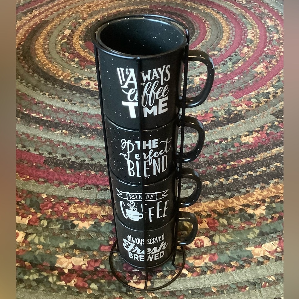 Coffee mug set of 4 with stacking stand, black, 4 sayings, like new